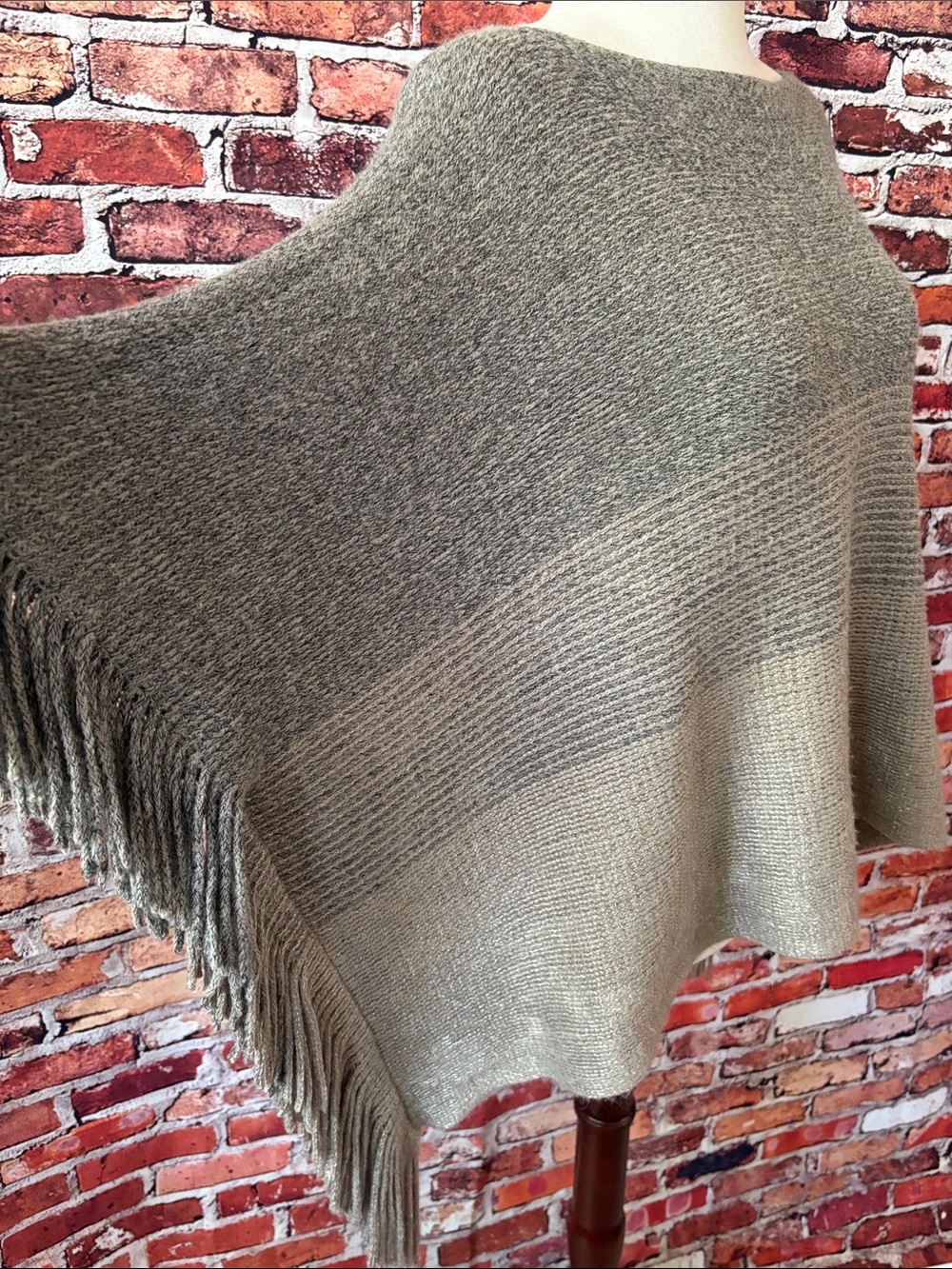 Crosstree Lane Fringe Tri-Color Taupe Knit Poncho Sweater Women's Layering Top